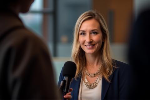 Person being interviewed by a journalist with a camera, demonstrating media interaction.